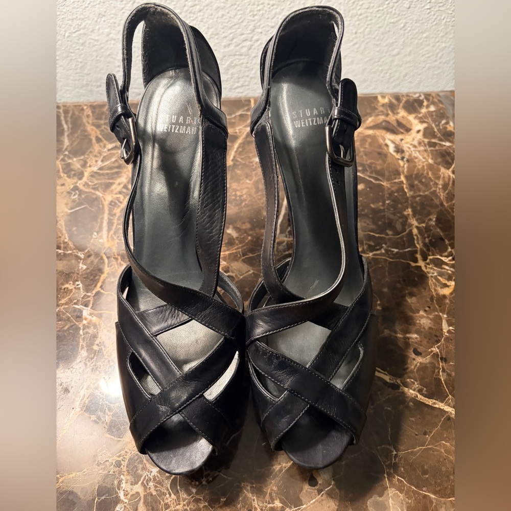Stuart Weitzman Black Leather Crisscross Slingback Heels